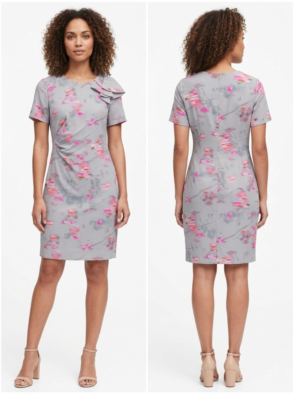 Banana Republic Grey Pink Floral Draped Ruffle Sheath Dress Women Size 6
